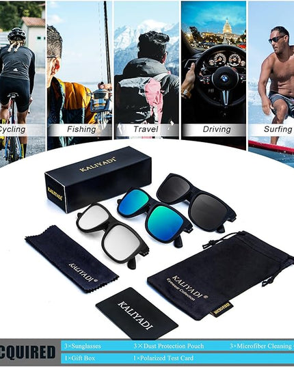 KALIYADI Sunglasses Men Polarized Sun glasses for Mens Womens Classic Matte Black Frame UV Protection 3pack