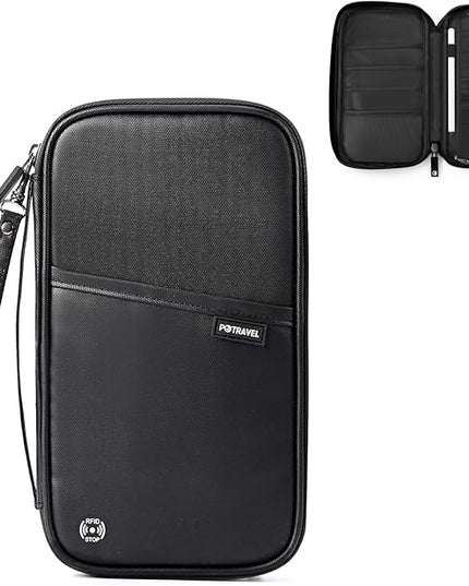 Travel Passport Holder, Large Family Passport Walle for Men Women RFID Passport Cover Lightweight Portable Document Organizer with Wrist Strap (Black)