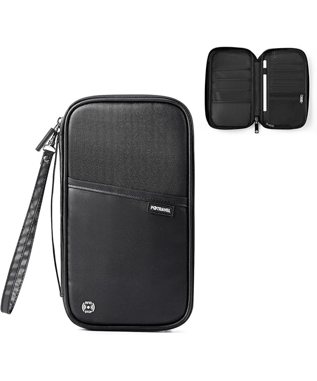 Travel Passport Holder, Large Family Passport Walle for Men Women RFID Passport Cover Lightweight Portable Document Organizer with Wrist Strap (Black)