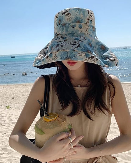 HUAMULAN Women Summer Sun Hat Wide Brim Wired Edge Floral Beach Bucket Hats Reversible Foldable Travel UV Protection Lady Hat