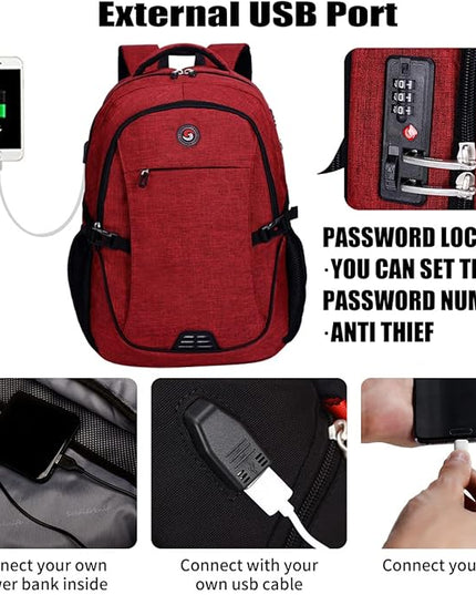 SHRRADOO Anti Theft Laptop Backpack Travel Backpacks with usb Charging Port for Women Men High School College Backpack Computer Bag Fits 17 Inch Laptop,Red