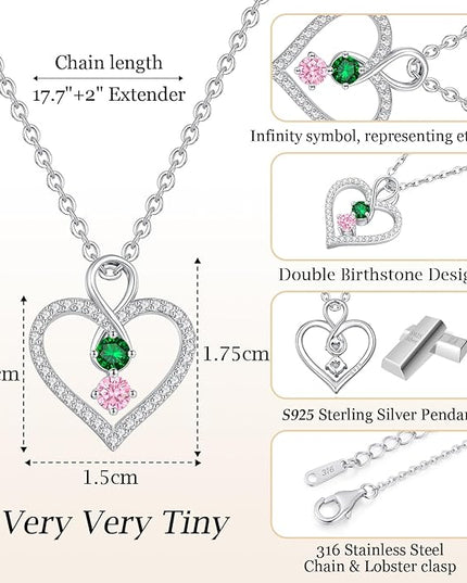 LOUISA SECRET Infinity Double Birthstone Necklace, 925 Sterling Silver Tiny Pendant Heart Necklace for Women Wife Her, Best Jewelry Gift Heart Jewelry Meaningful Gift for Valentine's Day, Christmas, Birthday Anniversary
