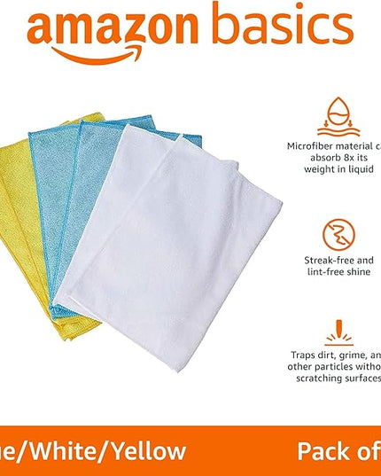 Amazon Basics Microfiber Cleaning Cloths, Highly Absorbent, Scratch-Free, Ultra-Soft, Non-Abrasive, Reusable and Washable, 16" x 12", Blue/White/Yellow, 48-Pack