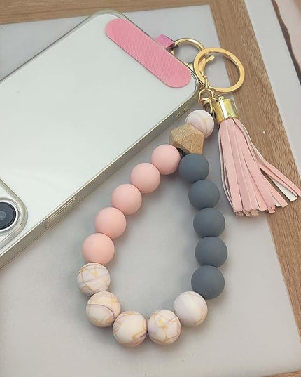 Phone Lanyard Silicone Beaded Phone Wrist Strap Cute Elastic Cell Phone Wristlet Chain Bracelet with 2 Tether Tab