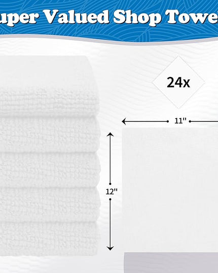FIXSMITH Microfiber Cleaning Cloth, Shop Towels Bulk, 24 Pack White Microfiber Towels for Cars, All-Purpose Absorbent Cleaning Rags, Dust Cloth for Automotive, Mechanic, Garage, Bar, 12 x 11 inch