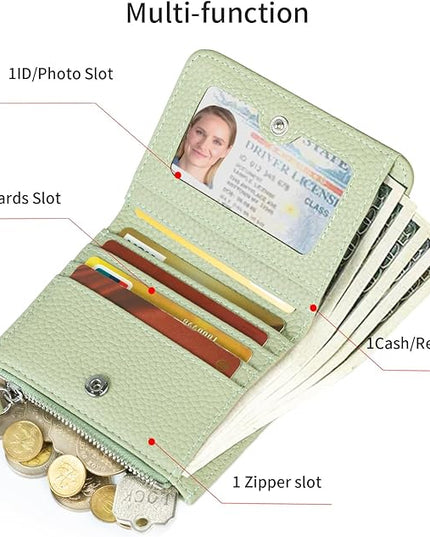 ilovever Small Wallet Women Soft Leather RFID Blocking Card Holder with Zipper Pocket Bifold wallet,Green