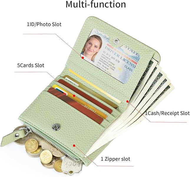 ilovever Small Wallet Women Soft Leather RFID Blocking Card Holder with Zipper Pocket Bifold wallet,Green