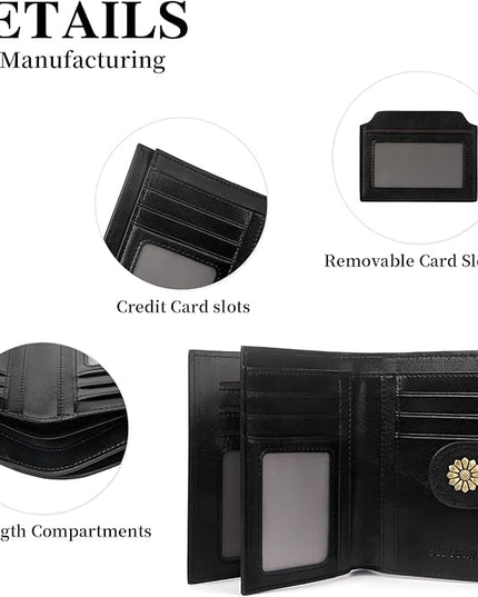 Blucoay Wallet Women,RFID Blocking Leather Womens Wallet Bifold Compact Card Holder Small Wallet for Women with Removable ID Window Black