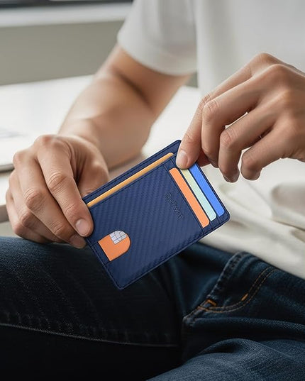 Buffway Slim Minimalist Front Pocket RFID Blocking Leather Wallets for Men and Women - Carbon Fiber Blue