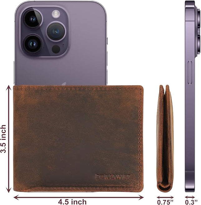 BOTANNER Genuine Leather Bifold Mens Wallet RFID Blocking 5 Credit Card Slots 1 ID Window 2 Sections for Bills 2 Additional Slots | Brown