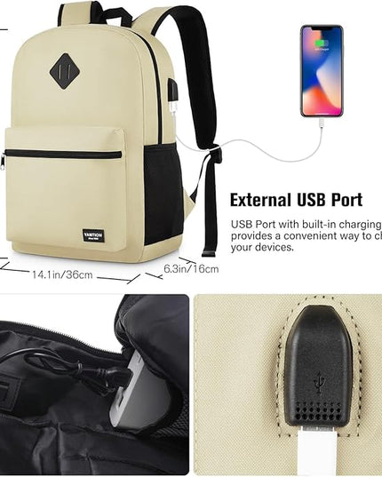 YAMTION School Backpack,Unisex Classic Bookbag Teens Schoolbag with USB Port for High School College Office Work Travel, 15.6 inch, Beige