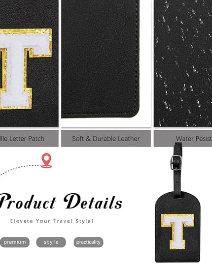 ULICO Initial Passport Cover and Luggage Tag Set,PU Leather Letter Passport Case Holder Travel Suitcase Tag, Personalized Travel Luggage Accessories Gifts for Women Kids Teenage Black V