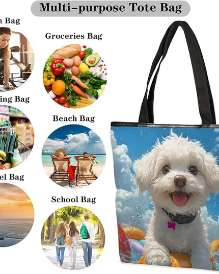 Pardick Summer Surfing Dogs Canvas Tote Bag, Eco Friendly Reusable Grocery Shopping Bags Beach Bag Book Tote Handbags Washable Shoulder Bag With Zipper Inner Pocket for Women Girls