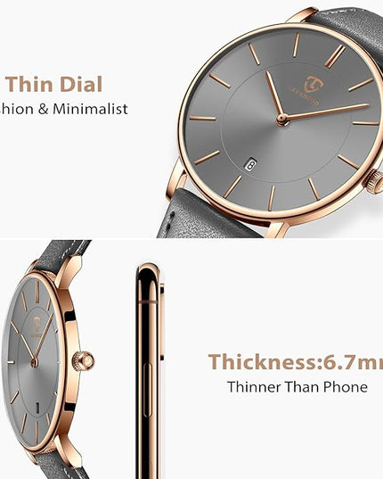 L LAVAREDO Watch for Men, Extremely Thin Mens Watches Minimalist Analog Men's Leather Wrist Watches with Time/Date, Birthday Gift for Men Boyfriend