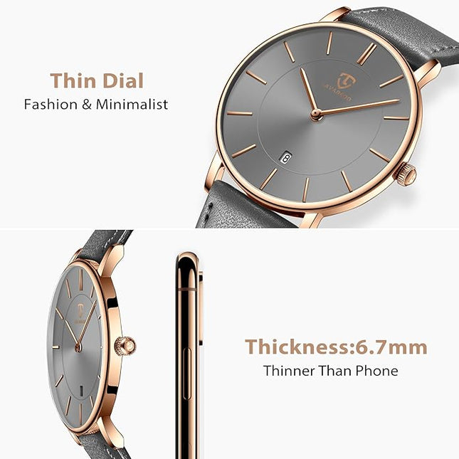 L LAVAREDO Watch for Men, Extremely Thin Mens Watches Minimalist Analog Men's Leather Wrist Watches with Time/Date, Birthday Gift for Men Boyfriend
