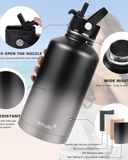 Water Bottle Insulated 32oz 40oz 64oz 128oz Straw Lid Spout Lid & 3 Lids, Leak Proof, Vacuum Insulated,Stainless Steel Water Bottle Wide Mouth for Sports, Gym or Office