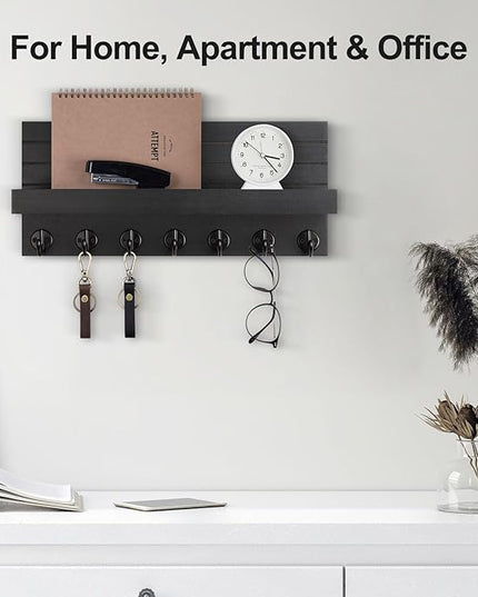 Lwenki Key Holder Wall Mount, Entryway Key and Mail Holder with 7 Sturdy Hooks for Sunglasses, Dog Leash, Decorative Wall Shelf with Mounting Hardware, 15”W x 6.7”H x 4.2”D