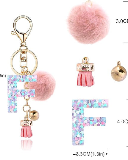 Resin Alphabet Initial Letter Keychain Keyring for Women Purse Handbags With Fur Ball Pom
