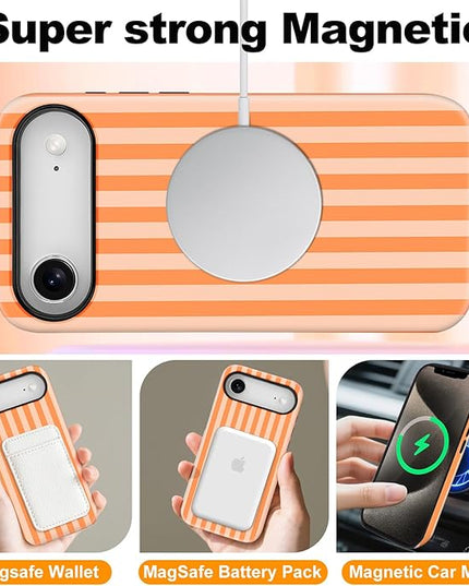 Magnetic for iPhone 17 Air Case Cute Stripes Phone Case, Shockproof Slim TPU and Hard PC Protective Phone Cover Compatible with MagSafe Designed for Women Girls, Orange