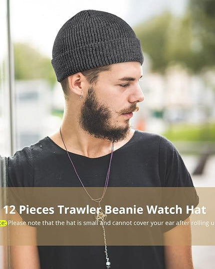 Geyoga 12 Pcs Trawler Beanie Hats for Men Fisherman Roll up Short Cuff Knit Beanie Bulk Winter Watch Cap for Men Women