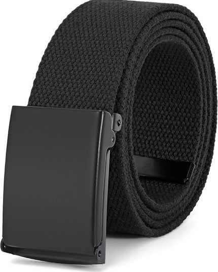 WHIPPY Canvas Web Belt Flip-Top Solid Black Military Buckle Fully Adjustable Mens Webbing Belts Cut To Fit