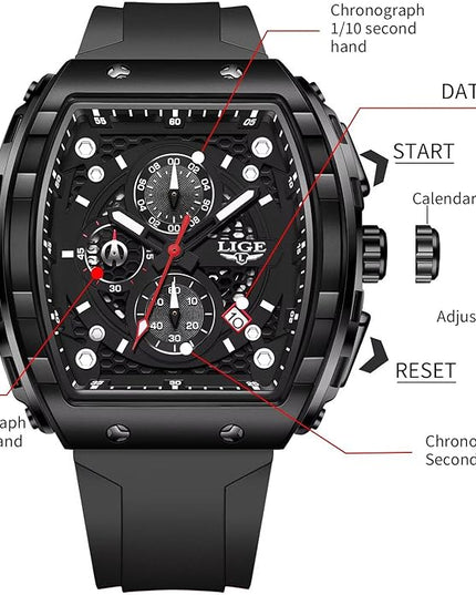 Mens Watches,Unique Rectangular Quartz Analog Watch,Outdoor Sports Multi-Function Watch,Chronograph/Waterproof/Luminous/Calendar,Durable Silicone Strap Mens Casual Watches