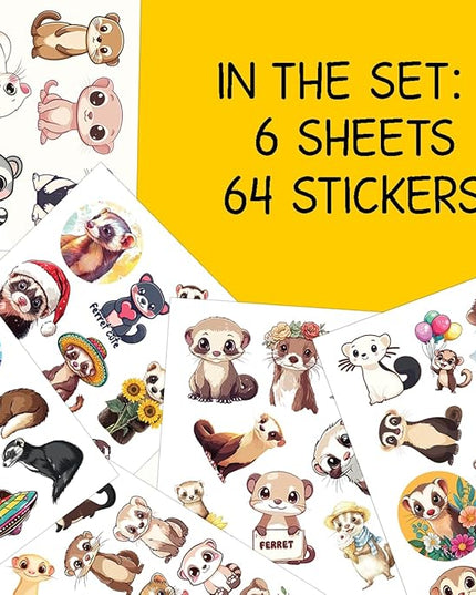 64pcs Ferret Stickers - Ferret Lover Gifts Waterproof Decals for Water Bottles Laptop Luggage Computer Scrapbooking Teens Adults Girls Kids Funny Party Birthday Decorations