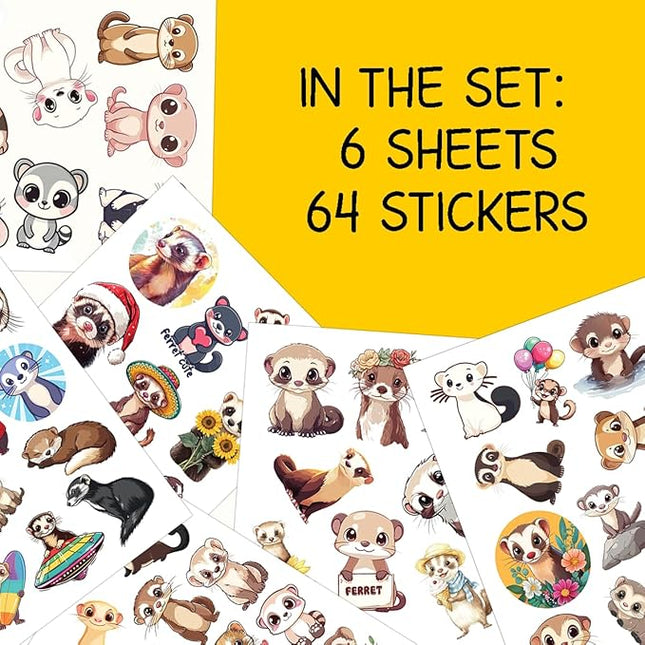 64pcs Ferret Stickers - Ferret Lover Gifts Waterproof Decals for Water Bottles Laptop Luggage Computer Scrapbooking Teens Adults Girls Kids Funny Party Birthday Decorations