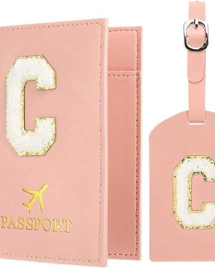 PATIKIL Passport Holder for Travel, Initial Passport Cover and Luggage Tag Set with Alphabet Chenille Letter Patch Travel Wallet Bag Suitcase Identifier for Women Family Travel Pink C