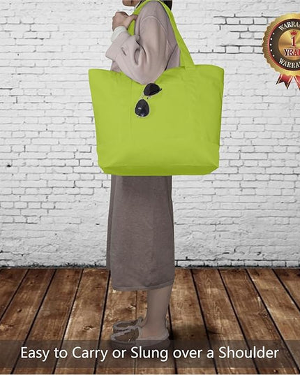 TOPDesign 1-Pack Canvas Tote Bag with an External Pocket, Reusable Grocery Shopping Bag, Top Zipper Closure, Daily Essentials (Light Green)