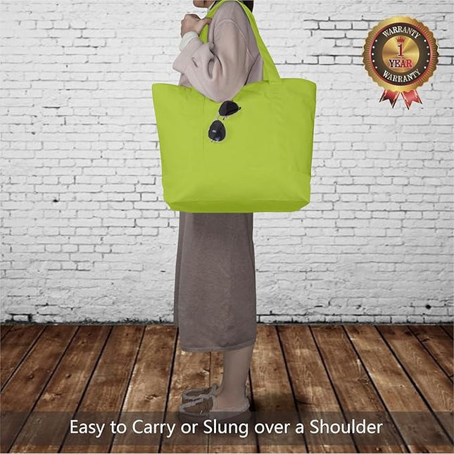 TOPDesign 3-Pack Canvas Tote Bags with an External Pocket, Reusable Grocery Shopping Bags, Top Zipper Closure, Daily Essentials (Light Green)