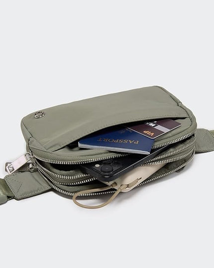 Pander Everywhere Belt Bag for Women, 5 Zipper Pockets Nylon Crossbody Fanny Pack Purse (Grey Sage).