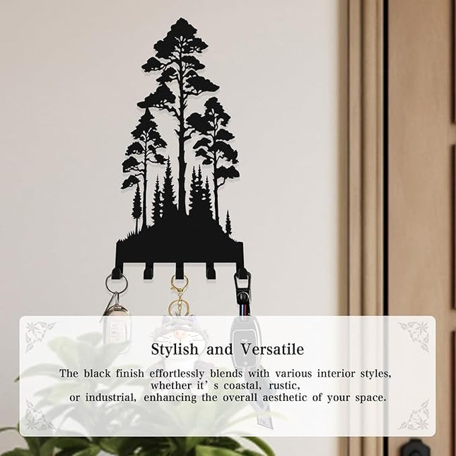 useNumber Metal Key Holder for Wall,Lofty and Dense Trees Key Hooks Wall Mount Whith 5 Hooks,Black Metal Key Hanger Wall Decor for Front Door,Hallway,Entryway,Office