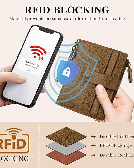 Blucoay Leather Wallet Women,RFID Blocking Small Wallet for Women Compact Card Holder Bifold Tassel Wallet Coin Purse With ID Window light khaki