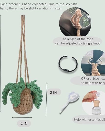Handmade Crochet Hanging Car Air Freshener - Botanical Fern Leaf Design with 12ml Refillable Glass Essential Oil Bottle, Long-Lasting Car Diffuser & Nature-Inspired Decor