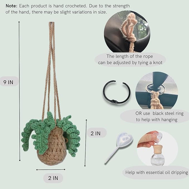 Handmade Crochet Hanging Car Air Freshener - Botanical Fern Leaf Design with 12ml Refillable Glass Essential Oil Bottle, Long-Lasting Car Diffuser & Nature-Inspired Decor