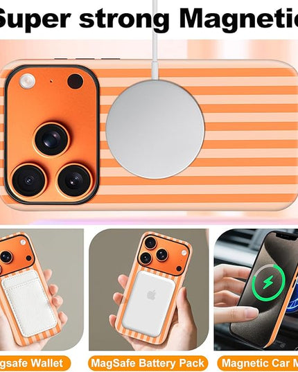 Magnetic for iPhone 17 Pro Case Cute Stripes Phone Case, Shockproof Slim TPU and Hard PC Protective Phone Cover Compatible with MagSafe Designed for Women Girls, Orange