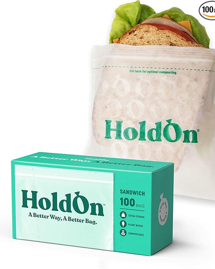 HoldOn Zipseal Sandwich Bags – Compostable, PFOA-Free, BPA-Free, Food-Safe Zip Seal Food Storage Bags With Secure Seal for Home & Travel, Freezer-safe (100 bags total)
