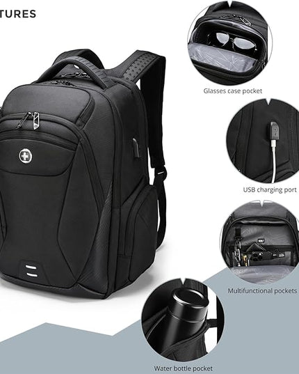 Swissdigital Design Men's Laptop Backpack with Apple Find My, Business Travel Backpack with USB Charging Port and RFID Protection, Work Backpack Fits 15.6 inches Computer,Black| SD16959508F-01