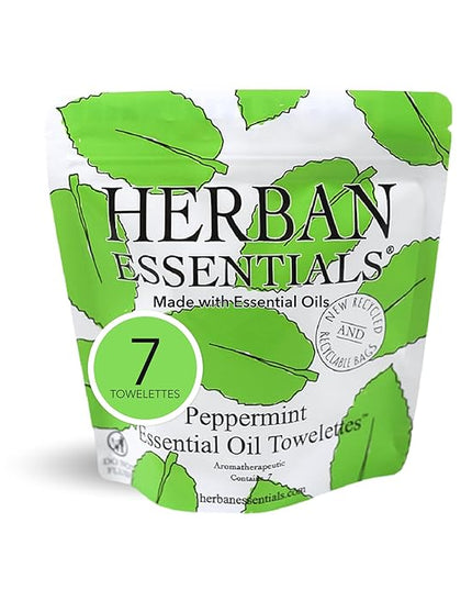 Herban Essentials - Peppermint Wipes & Towelettes - Essential Oil Wipes for Hands & Body - Travel Size Essentials and Toiletries - Natural, Individually Wrapped, Disposable & Moist Refresh (7 count)