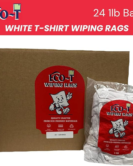 24 X 1 lb Bags (24 Lbs) Eco-T Paint Rags - White T-Shirt Material, 100% Recycled, Eco-Friendly, High Absorbency, Low Lint, Low-Cost, Painting and Cleaning Cloth