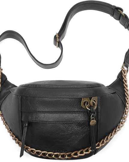Anti Pickpocket Crossbody Bag – Large Vegan Black Leather Sling Bag with RFID & Glasses Pockets, Anti Theft Design, Multiple Compartments, Chain Detail Travel Crossbody Bag for Women