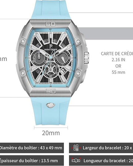 Paras Crown Watches for Men Tonneau 5ATM Waterproof Quartz Luxury Chronograph Analog Men's Wrist Watches Stainless Steel Case Mens Watches