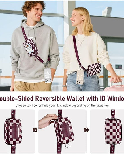 Clip and Go Strap for Phone with Wallet Crossbody Phone Lanyard and Detachable Checkered Bag with ID Window and RFID Pouch for Daily Travel.