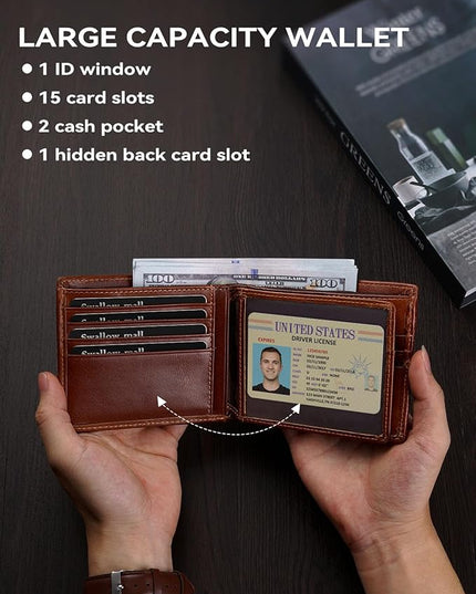 Swallowmall Mens Wallet Rfid Blocking Genuine Leather Bifold Wallets with 1 ID Window 15 Card Slots