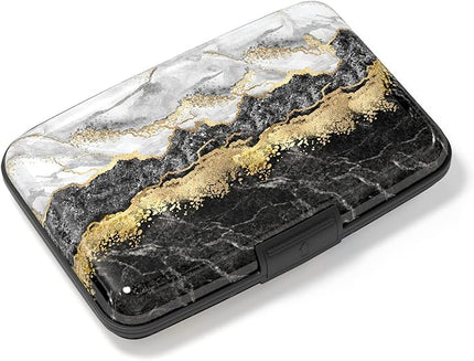 Atufsuat Credit Card Holder, Mini Aluminum Card Wallet RFID Blocking Slim Metal Hard Card Case for Women Men, Black Gold Marble