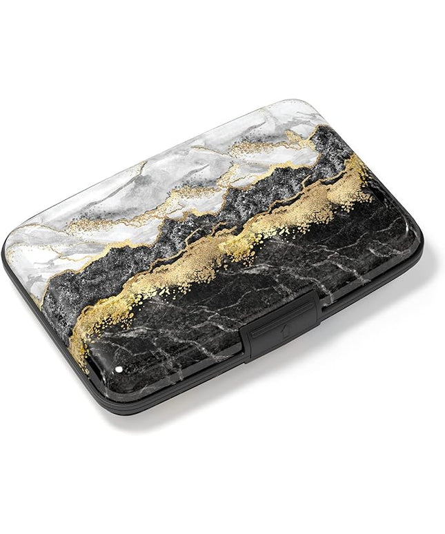 Atufsuat Credit Card Holder, Mini Aluminum Card Wallet RFID Blocking Slim Metal Hard Card Case for Women Men, Black Gold Marble