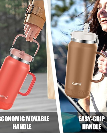64oz Insulated Water Bottle with Flip Straw Lid - Leak-Proof, Sweat-Free, Top and Easy-Grip Side Handle, Silicone-Wrapped for Comfort, Iced for 34 Hours, Wide Mouth, BPA-Free, Anti-Slip Base