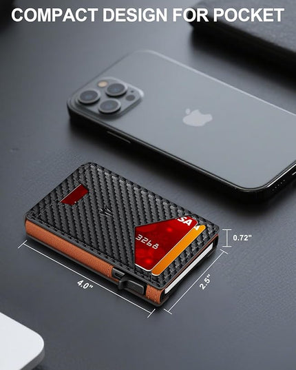 Ruiici Wallet for Men, Slim Minimalist Wallet with Money Clip＆ID Window, RFID Blocking Pop-Up Credit Card Holder, Smart Auminum Mens Wallet Holds 9-13 Cards (Gift Box) (Carbon Fiber & Orange)