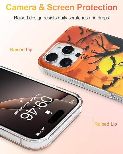 Halloween Case for iPhone 16 Pro Max Case [ Compatible with Magsafe ] Holographic Orange Sky with Black Castle, Bats, Ghosts, Pumpkins Pattern Design, Creative Magnetic Protective Phone Cover